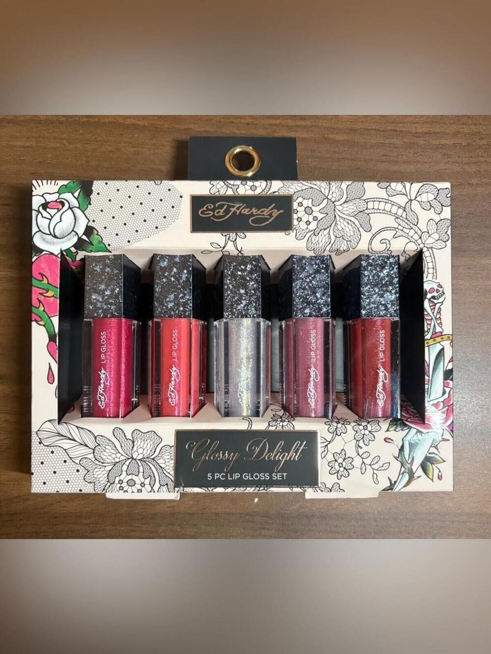 Ed Hardy 5 Pc Lip Gloss Gift Set Red Pink Silver NWT